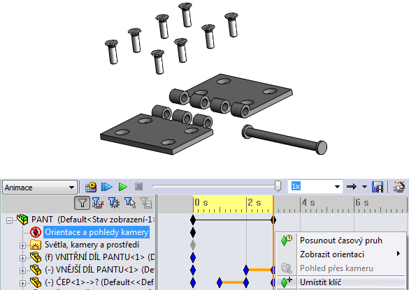 Tvorba nového pohledu. Nejprve nastavíme vhodnou orientaci pohledu v požadovaném čase animace.