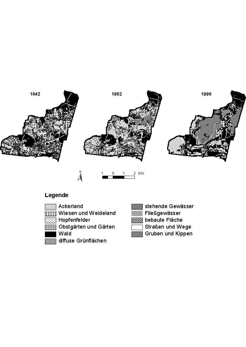 Jak je pouhým okem patrné z obr. 1 a explicitně z tabulky 2, nejvyšší krajinnou heterogenitu vykazuje stav v roce 1842 (V = 3,61).