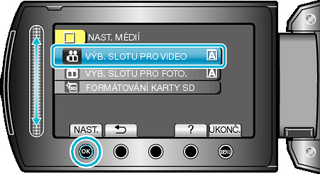 Nastavení menu Menu nastavení média Můžete provést některá nastavení pro záznamová média Nastavení Podrobnosti ZÁZN MÉDIA VIDEA VÝB SLOTU PRO VIDEO ZÁZN MÉDIA SNÍMKU VÝB SLOTU PRO FOTO FORM VEST