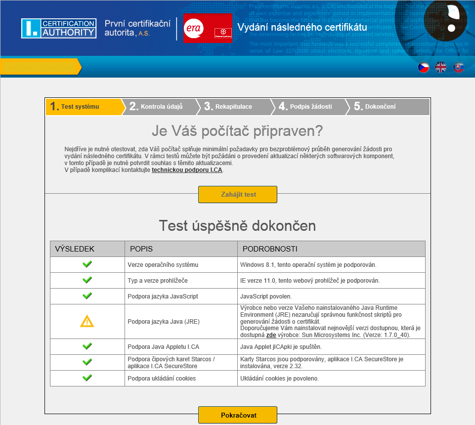 Kontroly v řádcích jsou značeny symboly úspěšné či neúspěšné revize, příp. upozorněním. Je-li detekován problém, zobrazí se podrobnosti chyby s popisem řešení. 6.4.1.