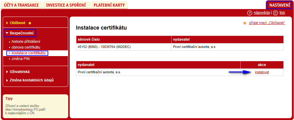 Nově vygenerovaný certifikát se zde zobrazí. Ve sloupci akce klikněte na odkaz instalovat.