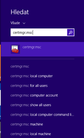 Export klíče do souboru. 5. Postup přes konzoli 5.1. V nabídce start vyhledejte program certmgr.msc a spusťte jej. 5.2.
