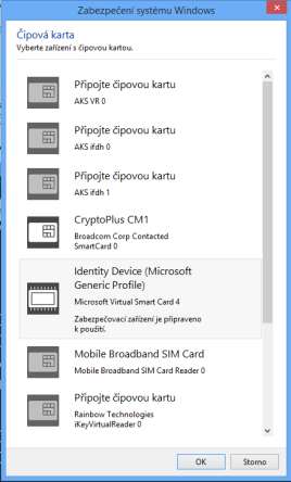 5. Pokud máte na počítači jiné čipové karty nebo tokeny, vyskočí dialogové okno pro výběr správného tokenu. Virtuální čipová karta má svou unikátní ikonu, která pomůže v identifikaci. 6.