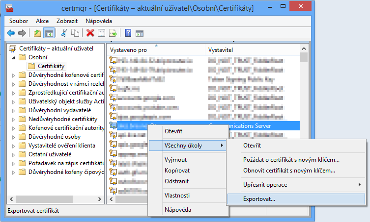 2.1. V nabídce start vyhledejte program certmgr.msc a spusťte jej. 2.2. Otevře se seznam certifikátů. Vyhledejte položku, kterou chcete exportovat.