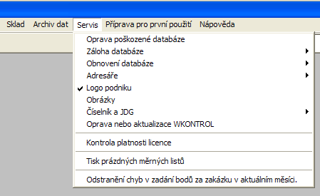 Servis Dle seznamu uvedené v menu provedete operace