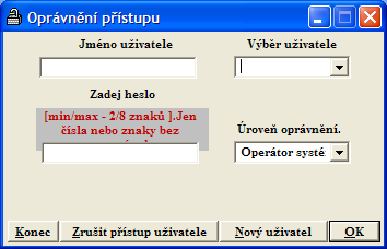 Přihlášení do programu Pro přístup do programu lze určit různé pracovníky, kterým je možné přidělit rozsah pravomocí (např. Správce, Operátor a pod).