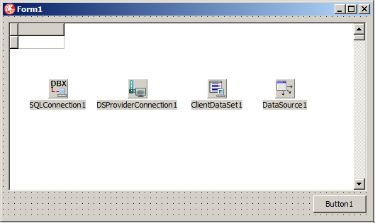 Na vygenerovaný formulář umístíme komponenty TSQLConnection, TDSProviderConnection, TClientDataSet, TDataSource a TDBGrid.