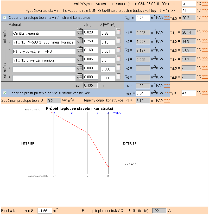 Obr. 5 Stěny se zateplením do tabulky dosadíme tyto údaje: Střecha se zateplením