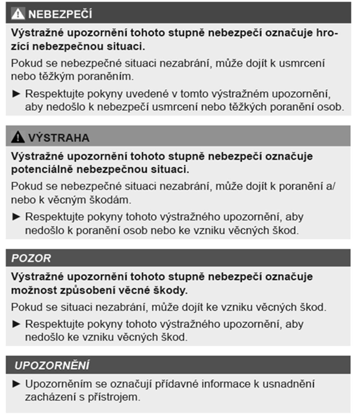 Varování Následující varování jsou použity v textu této uživatelské příručky. Výstražné upozornění tohoto stupně nebezpečí označuje hrozící nebezpečnou situaci.