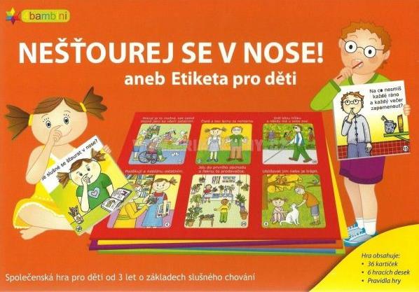 Hra obsahuje 36 kartiček 6 hracích desek pravidla hry NEŠŤOUREJ SE V NOSE Společenská hra pro děti od 3 let je průvodcem základů etikety pro nejmenší slečny a gentlemany.