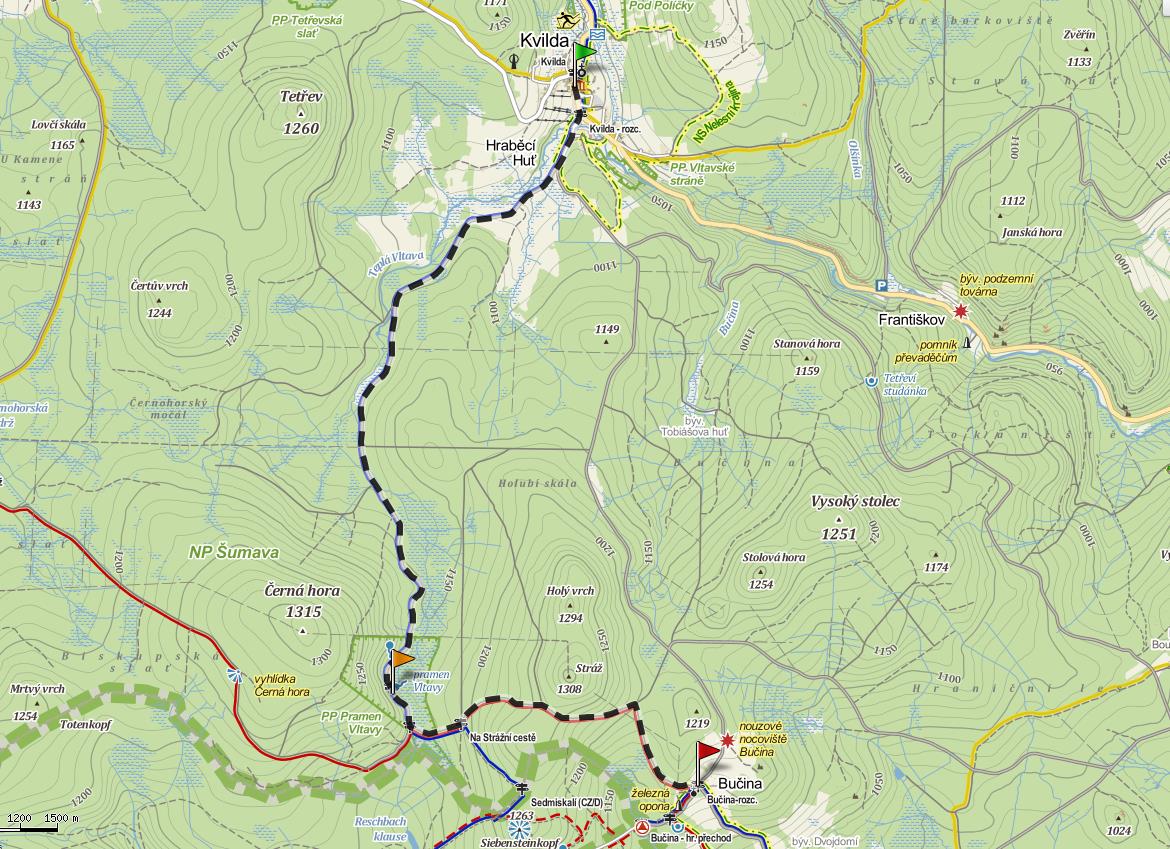 ÚSEK 1 Start Kvilda, centrum, Penzion Pohoda/ 49.0181975N, 13.5793033E Cíl Bučina rozcestí nad hotelem Alpská vyhlídka/ 48.9681556N, 13.