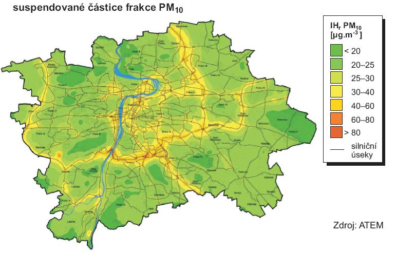 Prostorové rozložení imisí PM 10 (ATEM / Praha Životní prostředí 2009) Nejvyšší