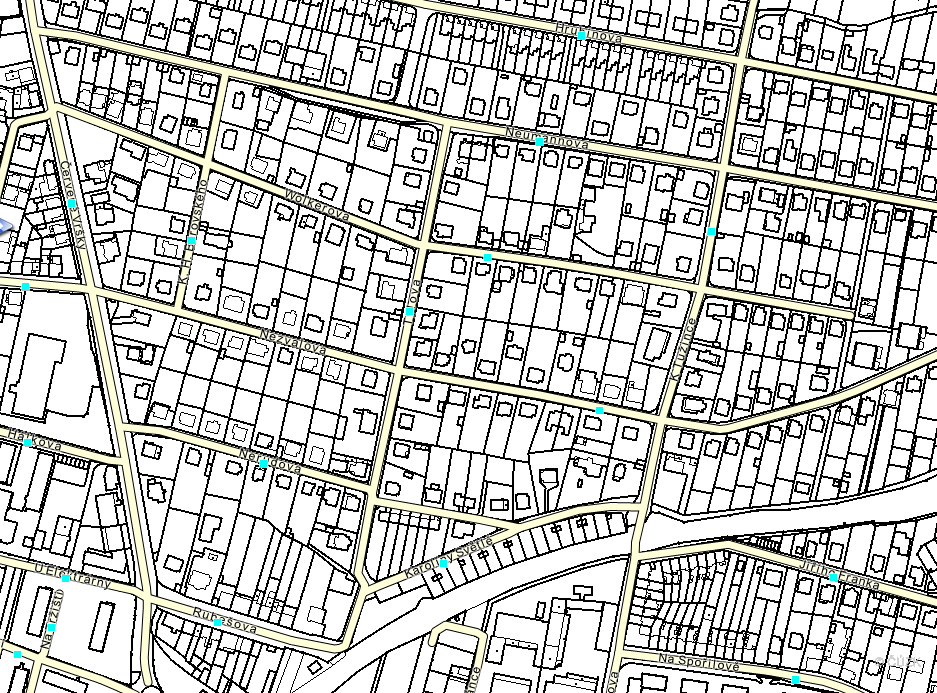 1.5.3.2. Definiční čáry ulic (DCU) Nad katastrální mapou je možné zobrazit doplňkovou vrstvu: definiční čáry ulic (DCU). Definiční čáry ulic jsou zobrazeny žlutou barvou.