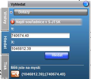 Obrázek 23: Hledání podle souřadnic Vyhledání souřadnic se zadává v S-JTSK.