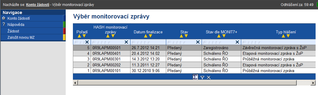 Finalizace monitorovací zprávy Pokud jsou všechny údaje v MZ správně vyplněny, uživatel provede kontrolu správnosti dat stiskem tlačítka Kontrola v levém sloupci.