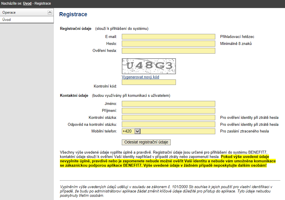 1.1 Registrace uživatele Před vlastním zahájením vyplňování žádosti je nejdříve nutné provést registraci uživatele. Po vstupu na příslušnou adresu webové žádosti (např. www.eu-zadost.