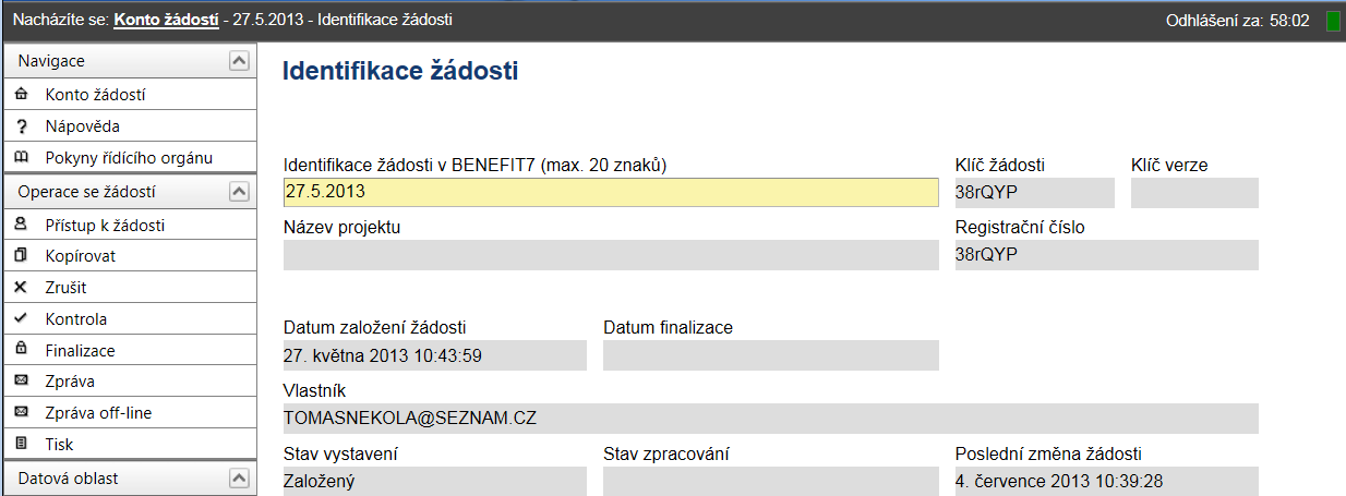 3.2 Ovládací panel V nabídce ovládacího panelu v levé části každého okna jsou obsaženy všechny funkce sloužící k práci s žádostí.