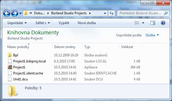 C:\Users\Uživatelské jméno\ Documents\ Borland Studio Projects\ - Po překladu prázdného formuláře tato složka obsahuje následující