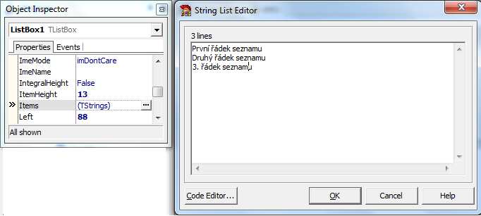 pro vložení textu na konec seznamu v ListBoxu z komponenty Edit bude syntaxe příkazu: ListBox1.Items.Add(Edit1.