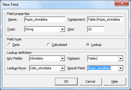 Kapitola 8 Databázové aplikace - Typ Lookup: - takto vytvoříme fiktivní pole, které bude zobrazovat odpovídající hodnotu z tabulky, na kterou nastavíme relaci (na formuláři komponenta Table2):