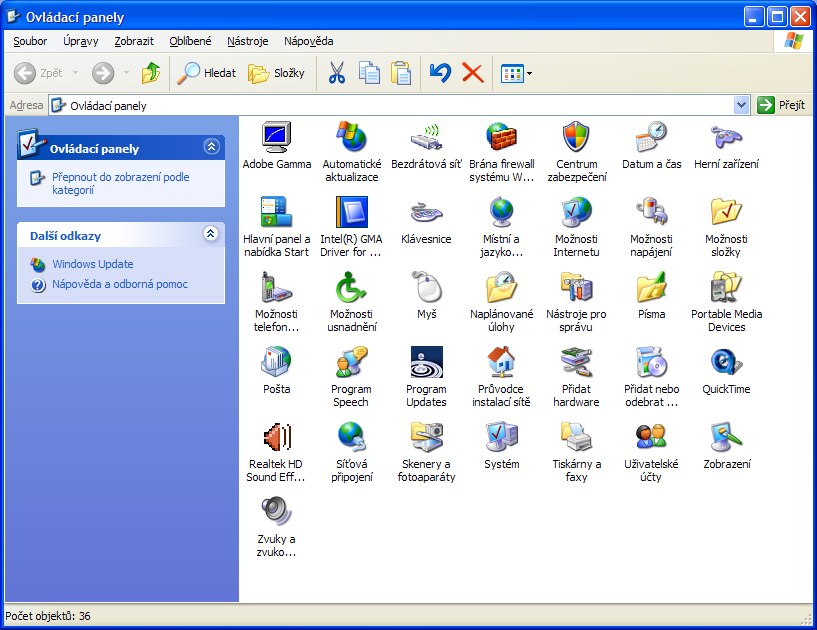 Operační systém Windows XP Ovládací panely zobrazené po skupinách Pokud jsou Ovládací panely zobrazeny klasicky, lze měnit způsob jejich zobrazení.
