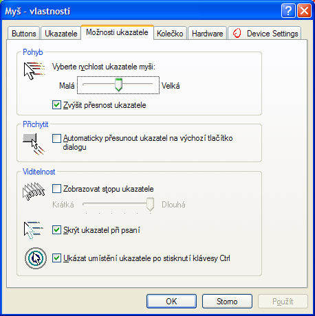 Operační systém Windows XP Možnosti ukazatele Praktická úloha Ovládací panely Myš 1. Vyvolejte si Ovládací panely. Zvolte kategorii Tiskárny a jiný hardware. Vyberte z ikon ovládacího panelu Myš. 2.