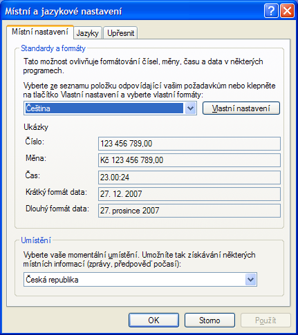 Operační systém Windows XP Úkol Změnit formát čísel, data a času zobrazí dialogové okno Místní a jazykové nastavení, stejné, které by se zobrazilo kliknutím na ikonu ovládacího panelu Místní a