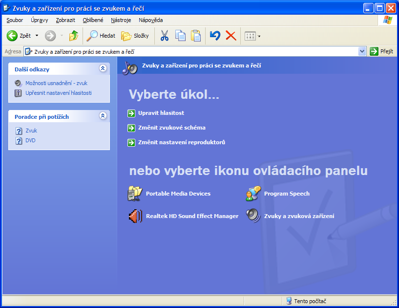 Zvuky a zařízení pro práci se zvukem a řečí Operační systém Windows XP 6.5.8 Možnosti usnadnění Windows XP přináší usnadnění pro uživatele se zrakovým a sluchovým postižením.