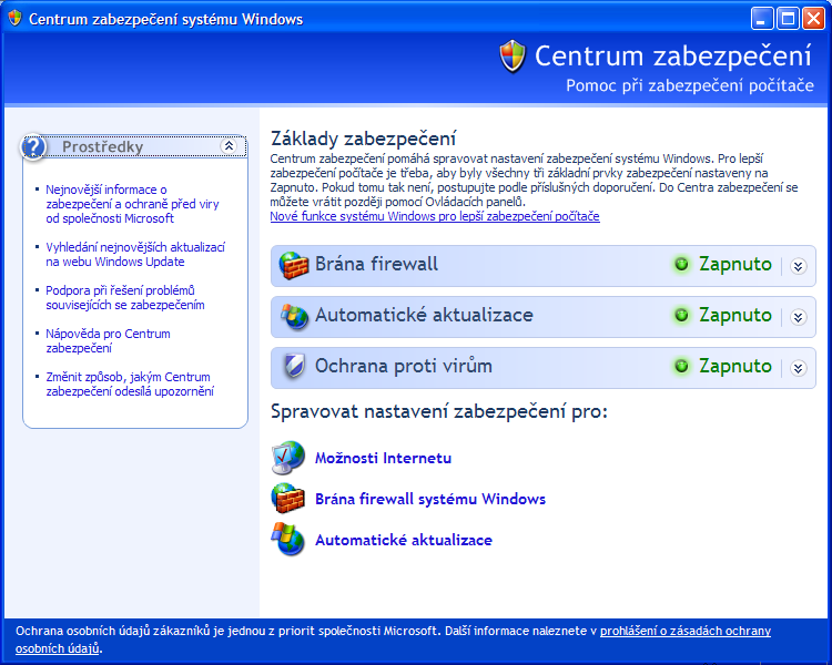 Operační systém Windows XP 6.5.9 Výkon a údržba, Centrum zabezpečení V těchto kategoriích se nastavují různé možnosti výkonu a zabezpečení PC.