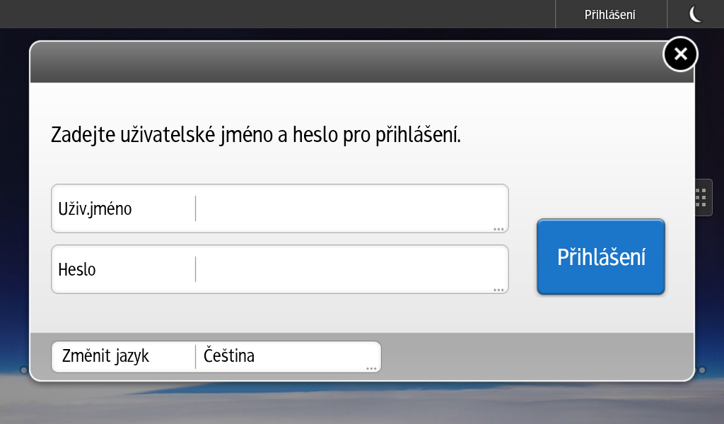 2. Getting Started (Začínáme) 1. Stiskněte tlačítko [Přihlášení]. 2. Zadejte přihlašovací uživ. jméno a poté stiskněte [OK]. 3. Zadejte přihlašovací heslo a pak stiskněte [OK].