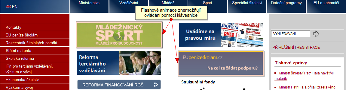 40 KAPITOLA 4. VÝSLEDKY TESTOVÁNÍ P ÍSTUPNOSTI BEZ UšIVATEL Obrázek 4.12: Stránky M MT - Ilustrace problému s ovladatelností z klávesnice.