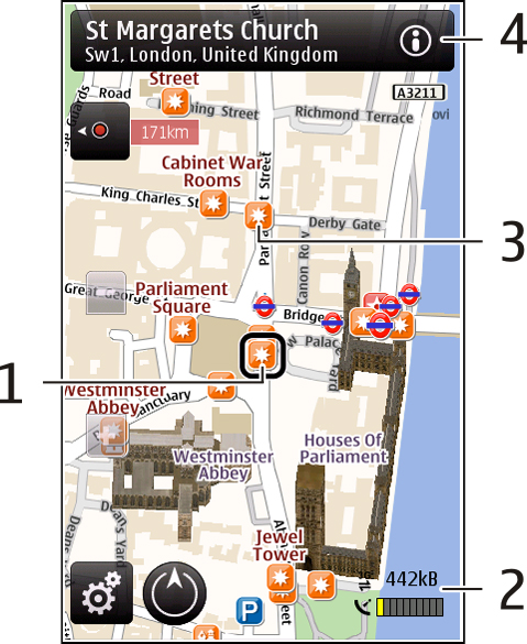 Zobrazení mapy Mapy 1 Vybrané místo 2 Oblast indikátorů 3 Zajímavé místo (například nádraží nebo muzeum) 4 Oblast informací Změna vzhledu mapy Zobrazení map v různých režimech pro snadnou