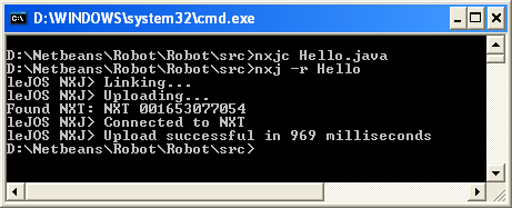 nahrán do NXT, je nutné ho zkompilovat (převést.java do.nxt). Tato operace lze provést více způsoby, asi nejjednodušší je použití příkazové řádky.