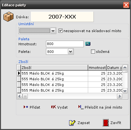 V editačním režimu se otevírá po stisku tlačítka Editace palety v dialogu Editace dávky.