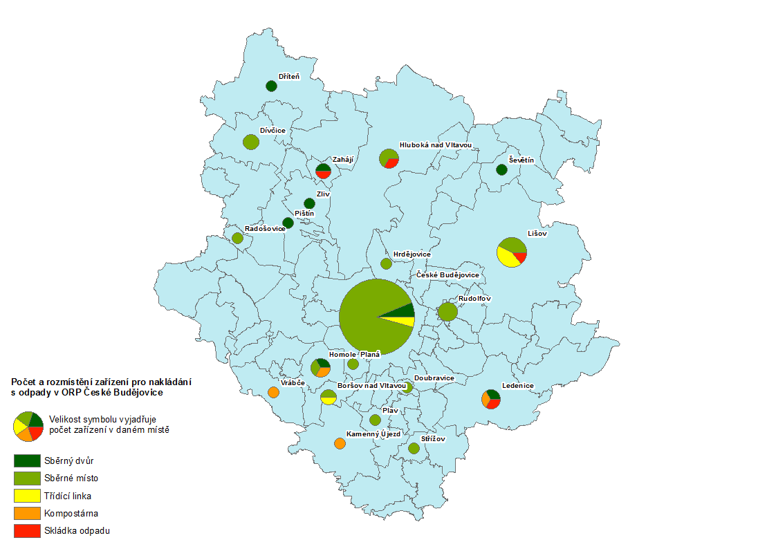 Obrázek 14 Zastoupení zařízení pro nakládání s odpady v území ORP České Budějovice Zdroj: http://websouhlasy.kraj-jihocesky.