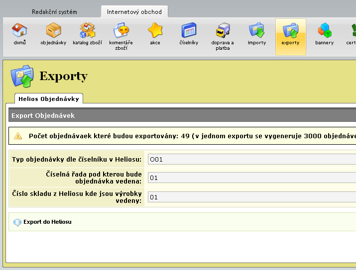 3.4 Práce s Prodejními objednávky 3.4.1 Export ze Shopu V internetovém obchodě je možnost exportovat objednávky vytvořené přes internet do aplikace Helios. A to v záložce Exporty -> Helios Objednávky.
