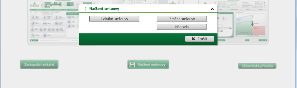 Načtení smlouvy; smazání uloženého Návrhu Pod tlačítkem Načtení smlouvy [] jsou sdružená tlačítka, která umožní načíst parametry smlouvy uložené v lokálním úložišti smluv uživatele nebo přímo z