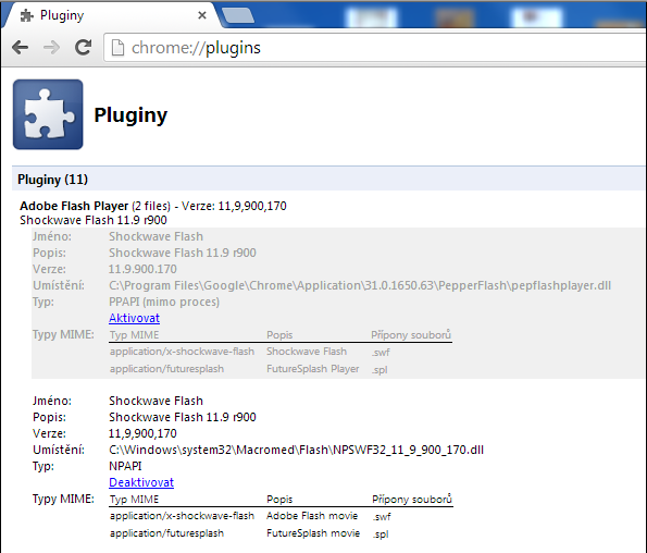 Výsledek úpravy nastavení: Pozn.: Pokud tam nemáte oba bloky (typ PPAPI a typ NPAPI), ze stránek www.adobe.com si nejdříve nainstalujte doplněk Adobe Flash Player verze.