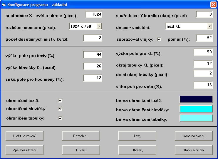 Dále je třeba vybrat správné rozlišení monitoru, na němž bude kurzovní lístek zobrazován, a případně nastavit další parametry podle potřeby.