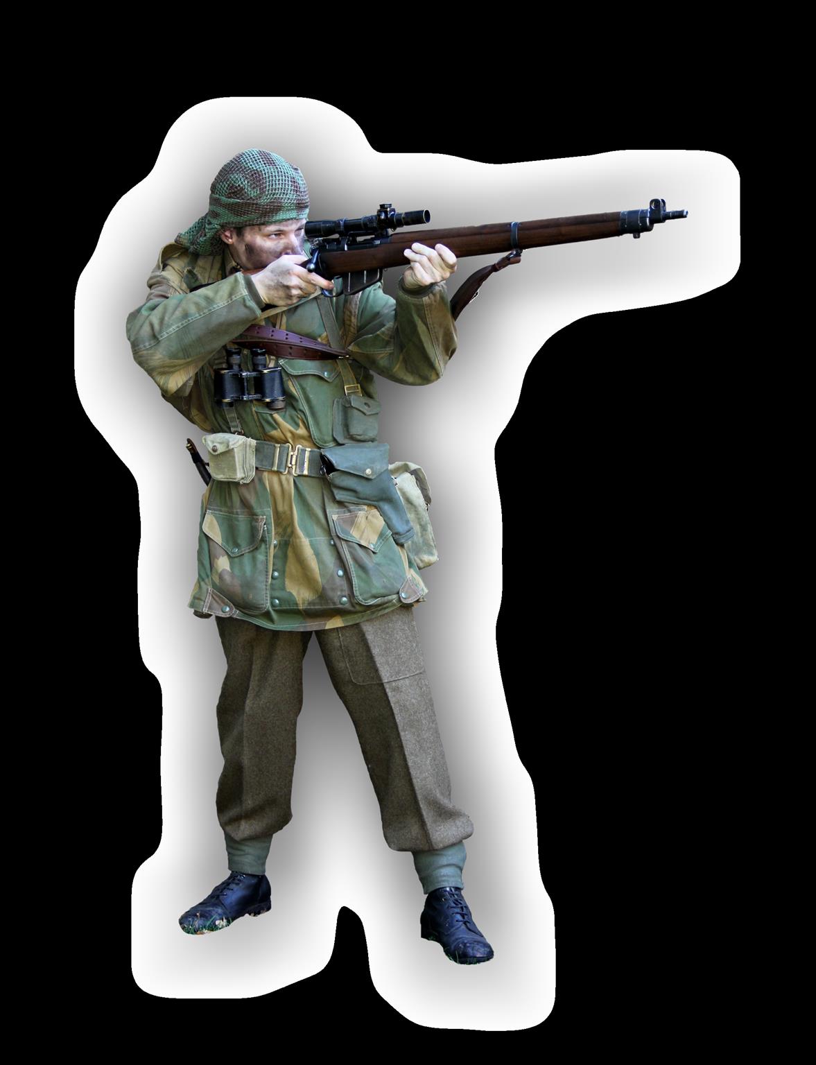 Britský armádní Odstřelovač - 1944-1) Maskovací šátek 2) Denison smock (1st pattern) 3) Dalekohled 6 x 30 no.