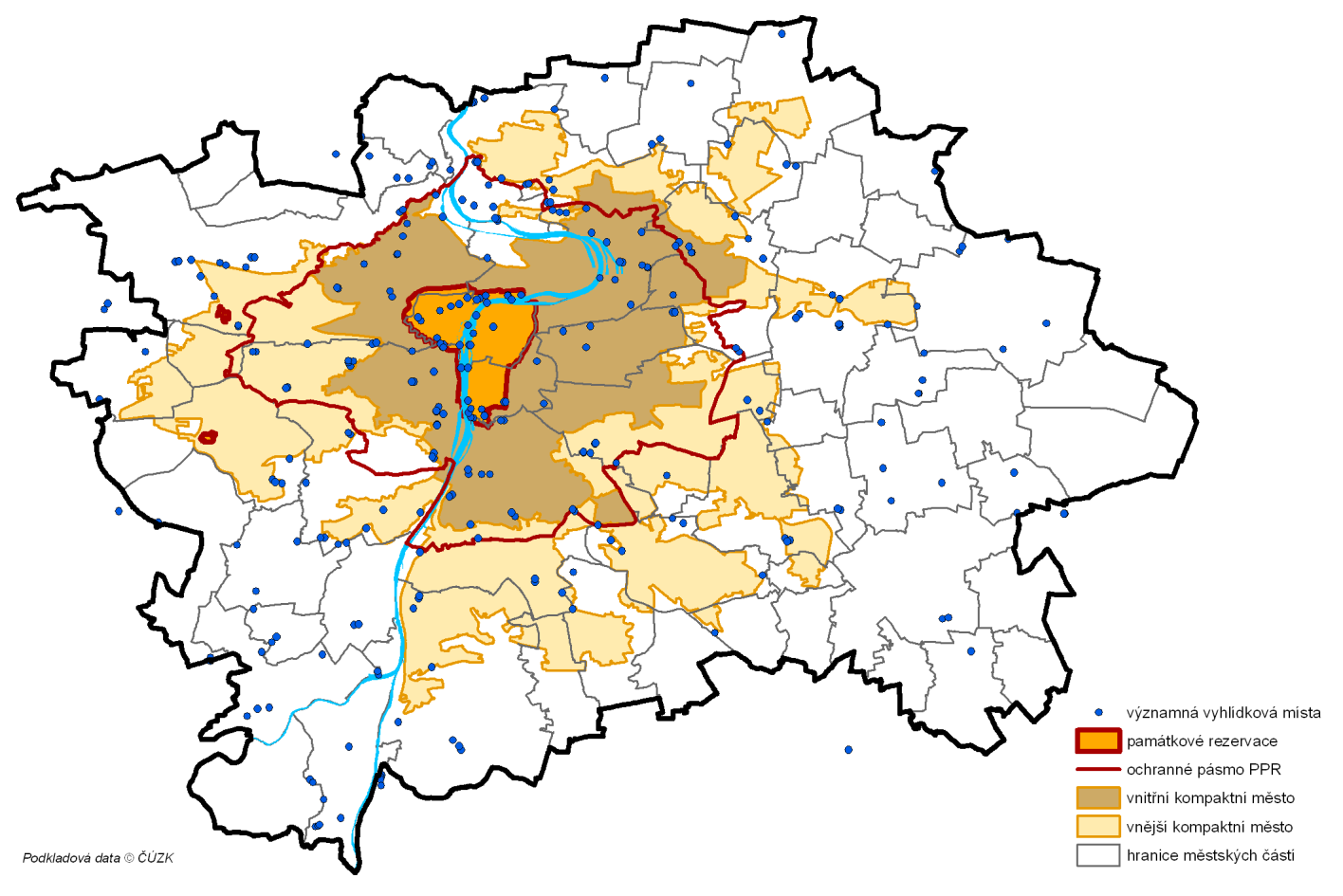 Další hodnota je v prostorovém měřítku zástavby, v nezastavěných zelených svazích a ostrozích, které vytvářejí ceněný obraz - veduty města s charakteristickými vnitřními horizonty i dálkovými výhledy.