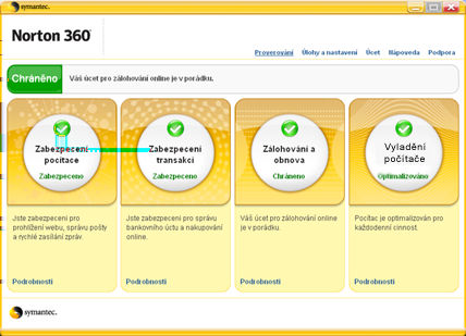 8 Začínáme Průzkum hlavního okna Průzkum hlavního okna Po spuštění aplikace Norton 360 se otevře hlavní okno.