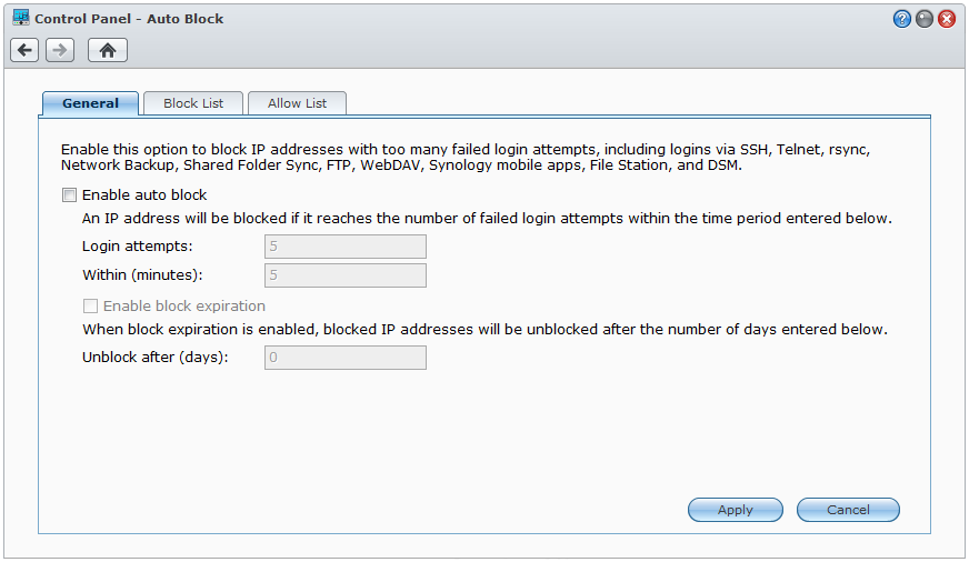 Uživatelská příručka Synology RackStation Automatická blokace podezřelých pokusů o přihlášení Automatický blok zabraňuje neoprávněnému přihlášení.