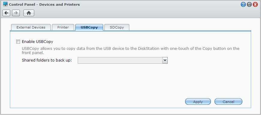 Uživatelská příručka Synology RackStation Zálohování dat na zařízení USB nebo kartu SD V části Hlavní nabídka > Ovládací panel > Zařízení a tiskárny tmůžete zadat sdílenou složku určenou pro aplikaci