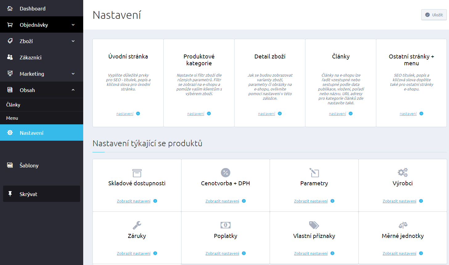 Nastavení Nastavení shora lemuje pět dlaždic rozdělených dle oblastí. Níže jsou popsány blíže.