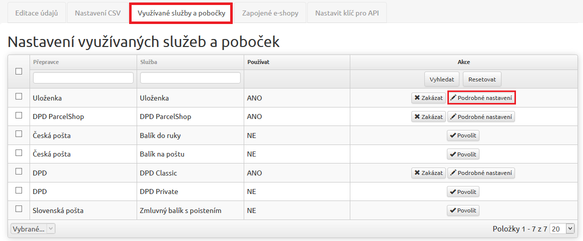 Kde si nastavíte viditelné pobočky? Pobočky si spravujete na profilu Uloženky v sekci Mé obchody -> Nastavení obchodu -> Využívané služby a pobočky.