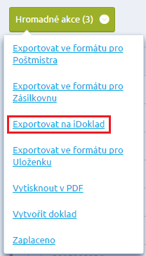 Export objednávek na idoklad se provádí v sekci Objednávky. Zde vyberete ty objednávky, které chcete exportovat. Pozor!