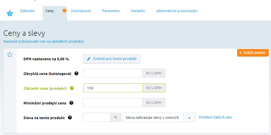 Důležitá cena, ze které se vypočítávají všechny ceny pro vámi zadané ceníky je Základní cena (prodejní), která se nachází na detailu produktu v záložce Ceny.