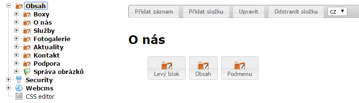 Změna textového obsahu 1. V levém panelu 2x klikněte na položku Obsah 2. Vyberte stránku, u které chcete text změnit. Pokud např.