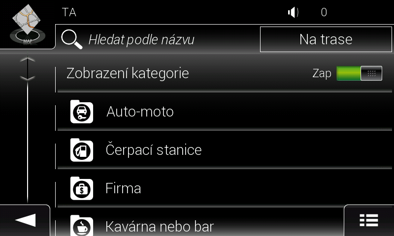 Příklad navádění do bodu zájmu Například chcete-li najít park v okolí cíle, postupujte následujícím způsobem: 1. Na obrazovce Mapa klepnutím na tlačítko otevřete menu Navigace.